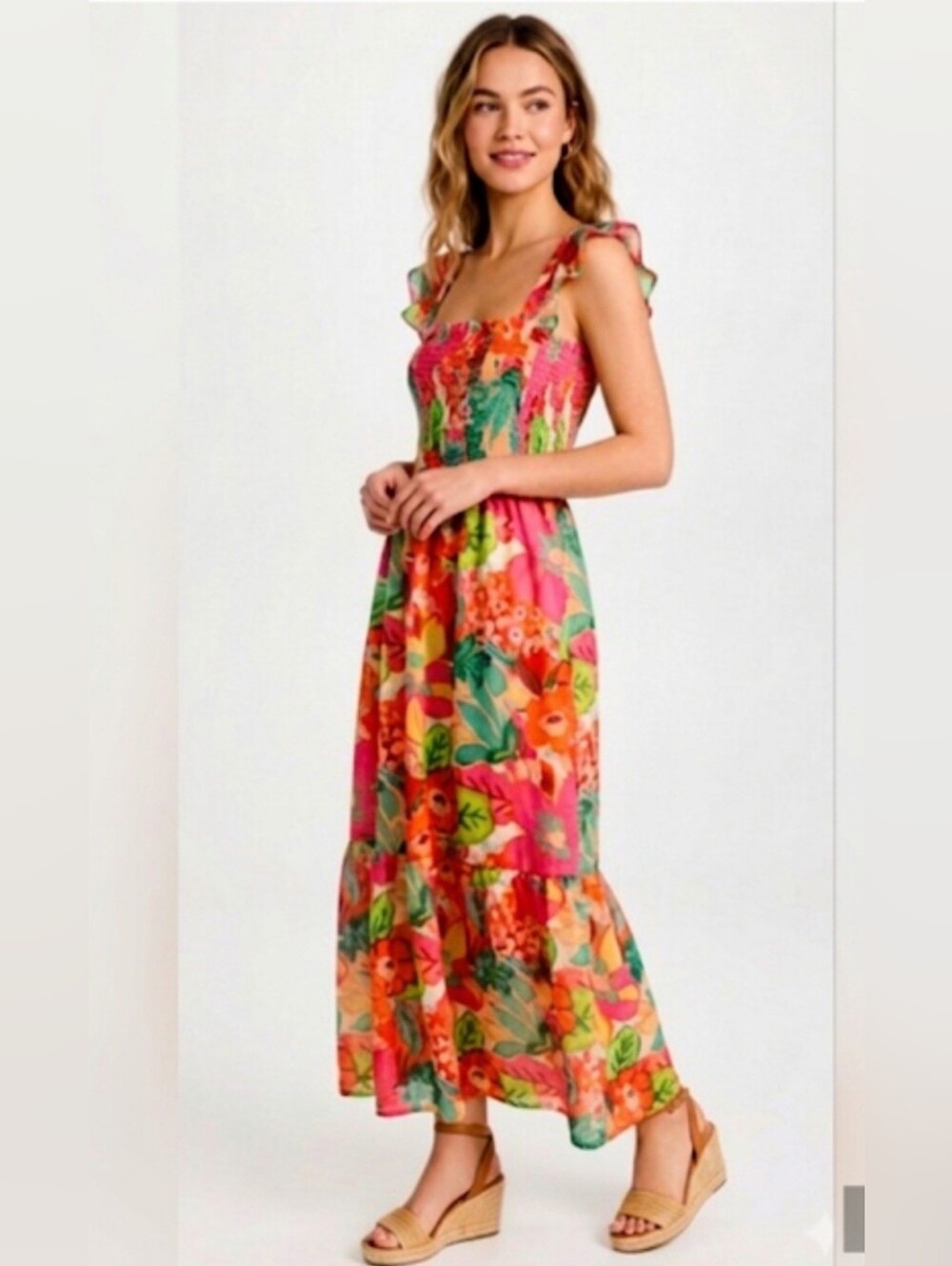 THML Multicolor Floral Smocked Maxi Dress Hidden Pockets, Size M.